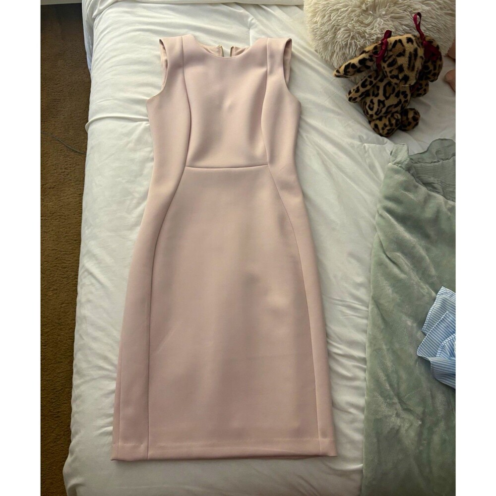 Calvin Klein Pink Solid Sheath Dress V-Neck Sleeveless Knee Length Zip, 4